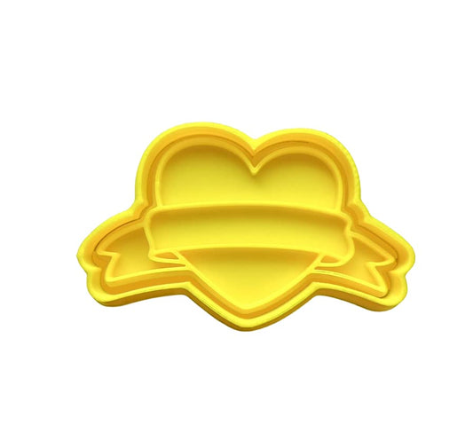 The Cookie Cutter Hub 8cm Wedding Heart with Ribbon Cookie Cutter and Matching Embosser for Cookies Biscuits Clay Baking Decoration