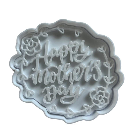 The Cookie Cutter Hub 10cm Happy Mothers Day with Flowers Cookie Cutter and Matching Embosser for Cookies Biscuits Clay Baking Decoration